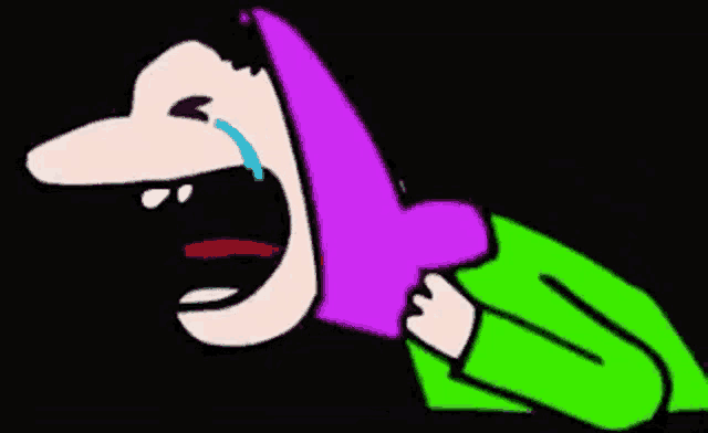 a cartoon of a man wearing a green jacket and a purple scarf is crying .