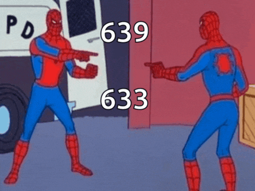 a cartoon of spider-man pointing at another spider-man and the number 633