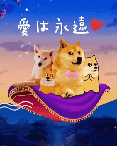 a group of dogs are sitting on a purple carpet with chinese writing behind them