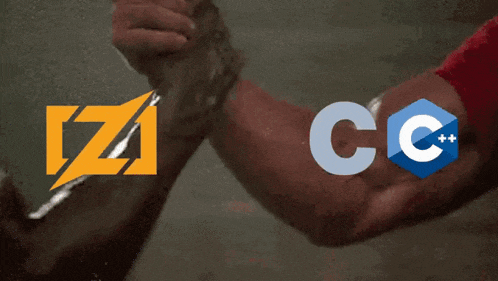 a man in a red shirt shakes another man 's arm in front of a logo for iz1cc ++