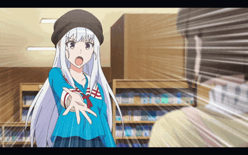 a girl with white hair and a black hat is pointing at someone