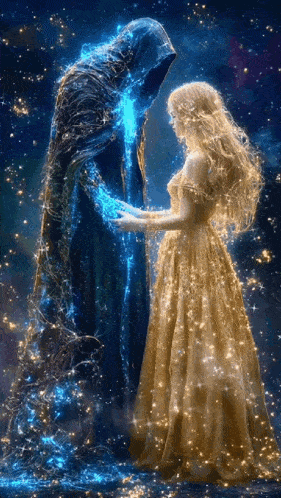 a woman in a golden dress is standing next to a grim reaper