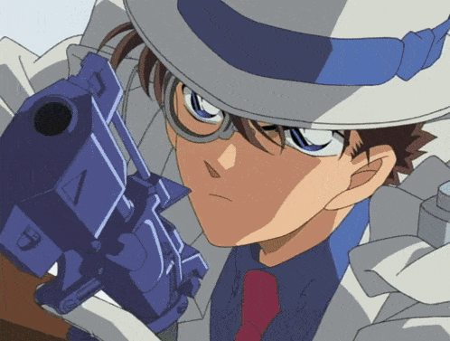 a man in a white hat and blue tie holds a blue gun