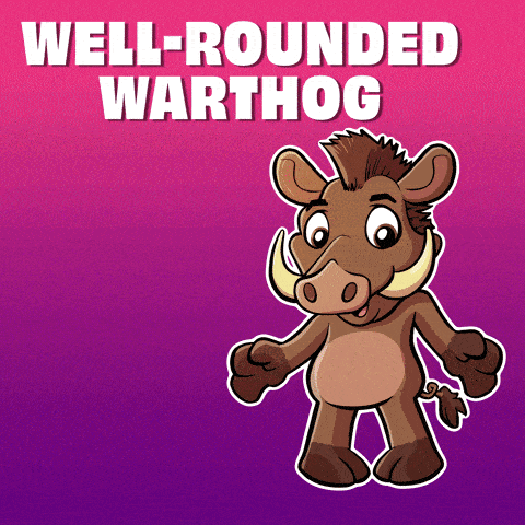 a well-rounded warthog is standing in front of a pink background