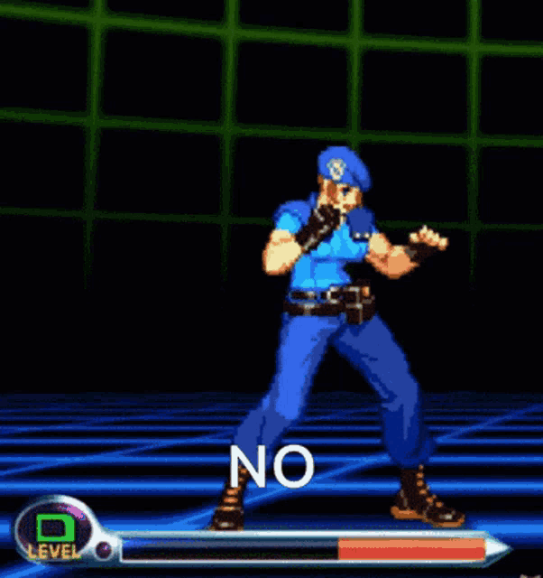 a video game screen shows a character with a gun and the word no on it