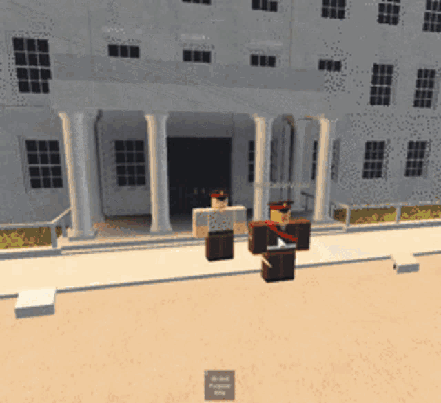 two roblox characters standing in front of a white building