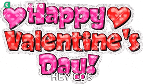 a happy valentine 's day greeting with hearts and glitter