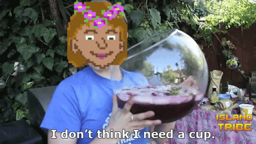 a woman holding a glass of wine with the words i don t think i need a cup on the bottom