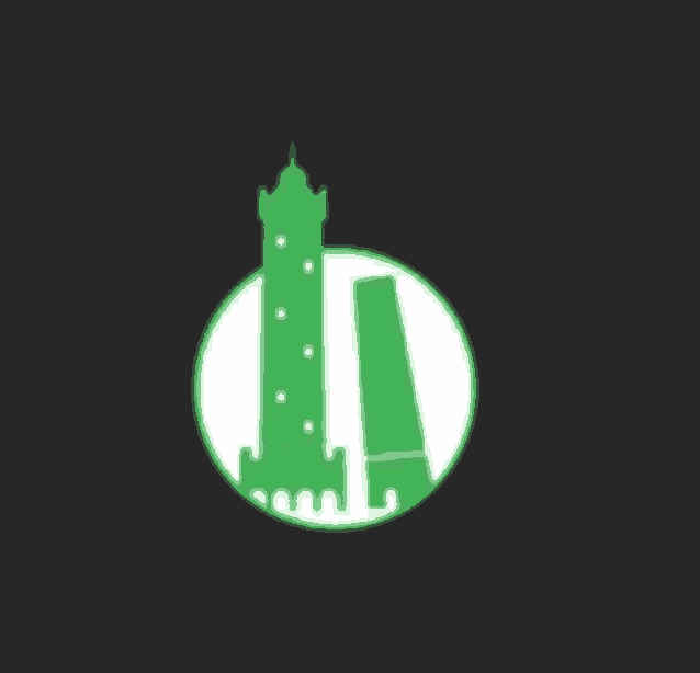 a green and white icon of a tower and a tower in a circle