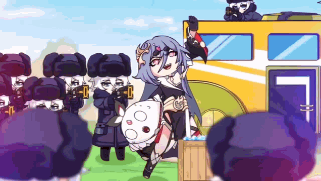 a cartoon drawing of a girl standing in front of a group of soldiers