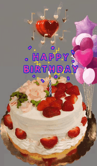 a birthday cake with strawberries and a candle with the words happy birthday on it