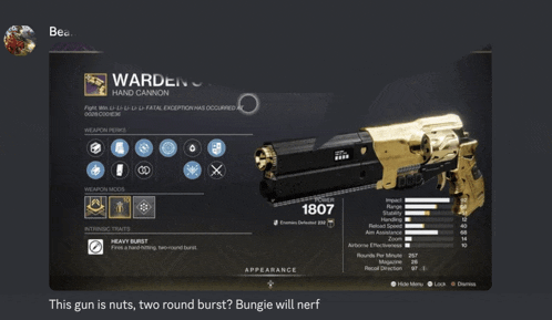 a screenshot of a video game shows a gun called the wardens hand cannon