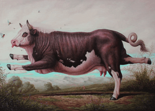 a painting of a cow with its tongue hanging out in a field