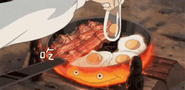 a person is cooking bacon and eggs in a frying pan on a fire .