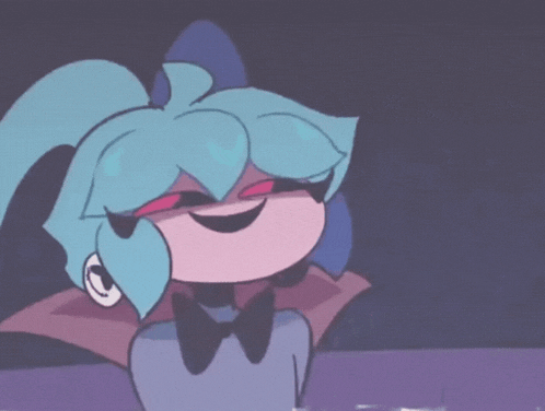 a cartoon character with blue hair and red eyes is smiling .