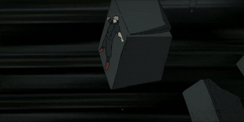 a cartoon character is standing on a large black cube