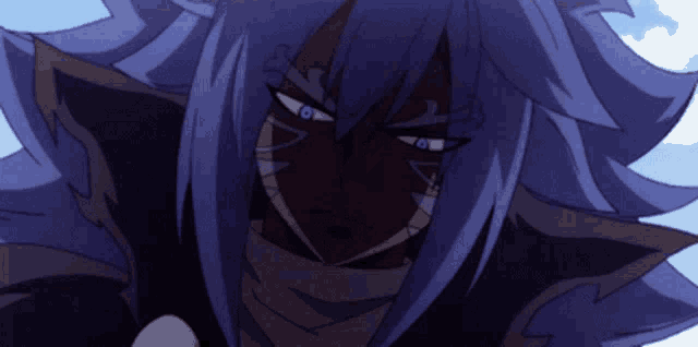 a close up of a cartoon character with purple hair and a scarf around his neck