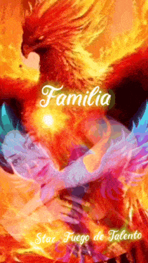 a painting of a phoenix with the words familia star fuego de talento on the bottom