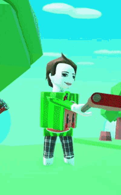 a man in a watermelon costume is holding a red sword