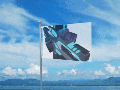 a flag with a picture of a gun on it flying in the wind