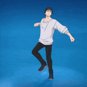 a man in a white shirt and black pants dancing on a blue background