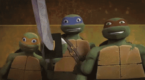 three teenage mutant ninja turtles are standing next to each other and smiling while holding a sword .