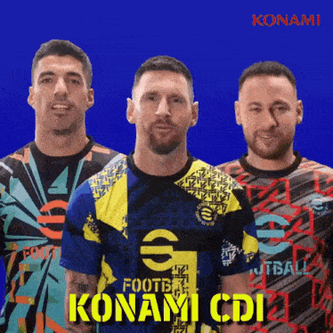three soccer players standing next to each other with the word konami on the bottom right