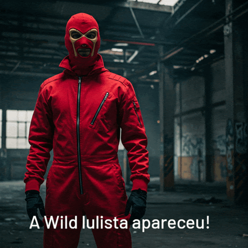 a man in a red jumpsuit with the words a wild lulista apareceu above him