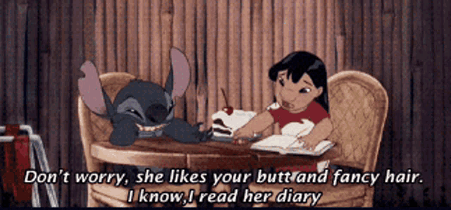 stitch and lilo are sitting at a table with a cake and a book