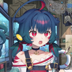 a girl with blue hair and red eyes is wearing a choker