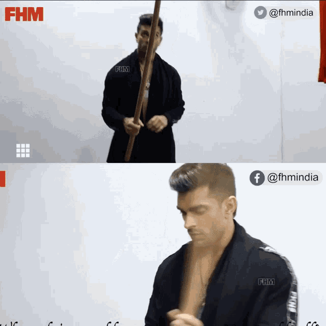 a man holding a stick with fhm india written on the bottom