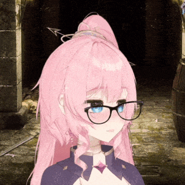 a girl with pink hair is wearing glasses