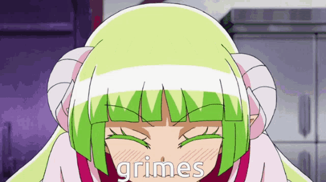 a cartoon girl with green hair and the word grimes written on her face