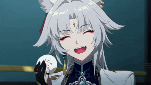 a girl with white hair and a fox ear is holding a white ball in her hand