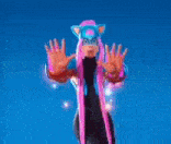 a cartoon character with long pink hair is standing in front of a blue sky with her arms outstretched .