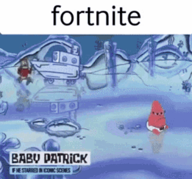 a cartoon of baby patrick playing fortnite in the snow
