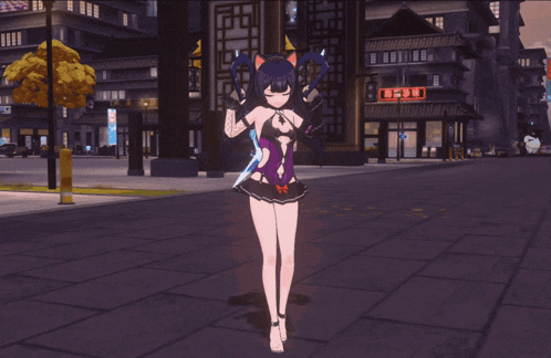 a girl with a cat ear is holding two swords in front of a building that has chinese writing on it