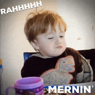 a little boy sitting at a table with a purple cup and the words mernin written above him