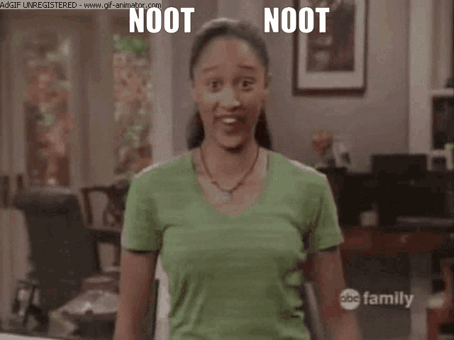 a cartoon of a woman blowing a red horn with the words noot on the bottom