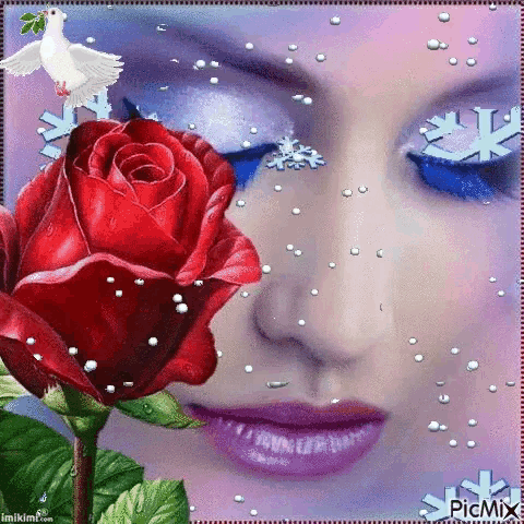 a picture of a woman 's face with a red rose and a white dove