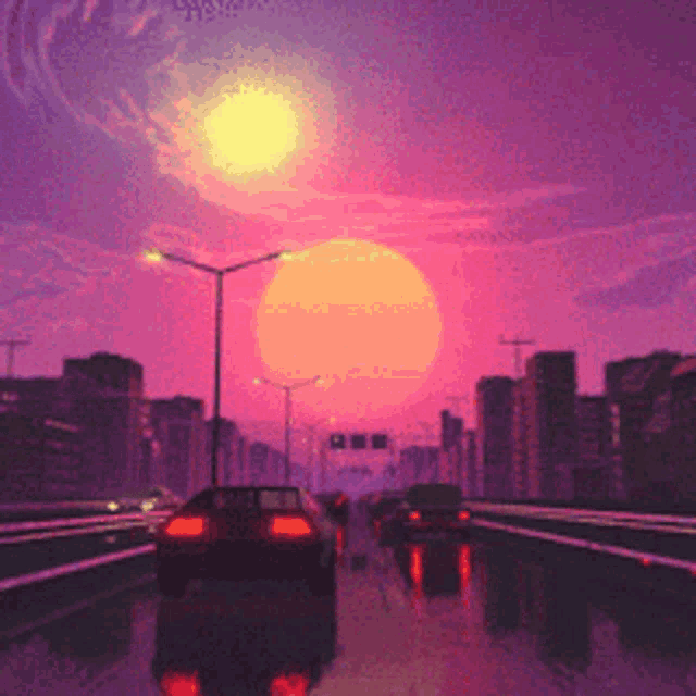 a car is driving down a highway at sunset with a large sun in the background