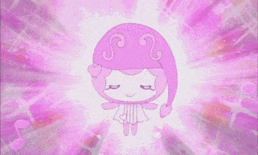 a pink cartoon character with the letter s on its hat