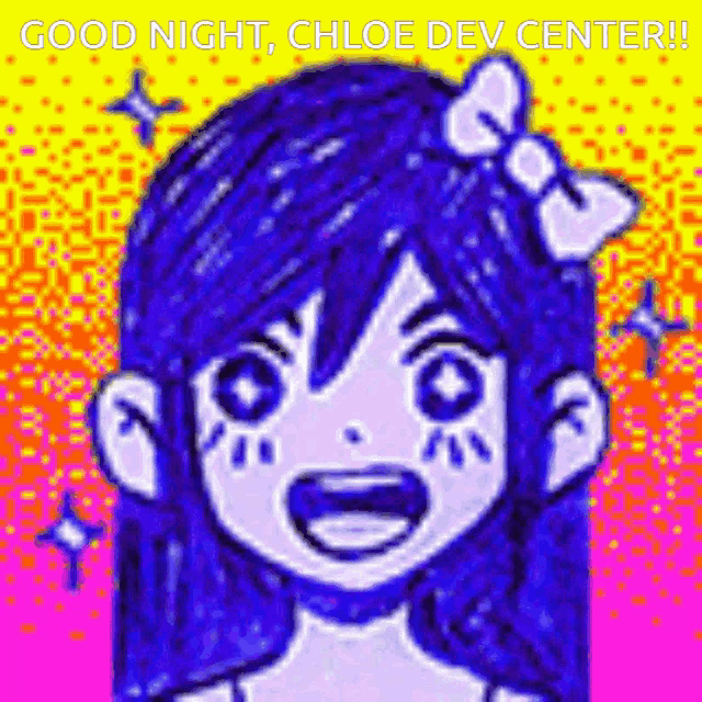 a cartoon girl with blue hair and a bow on her head is smiling and says `` good night , chloe dev center ! ''