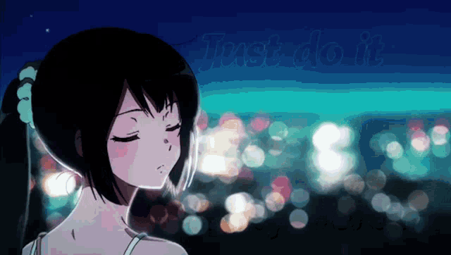a girl with her eyes closed and the words just do it written above her