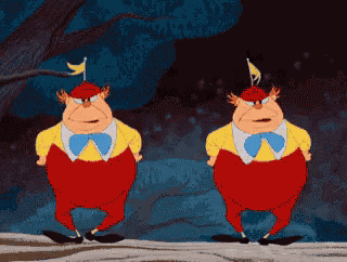 two cartoon characters are standing next to each other and one has a flag on his head