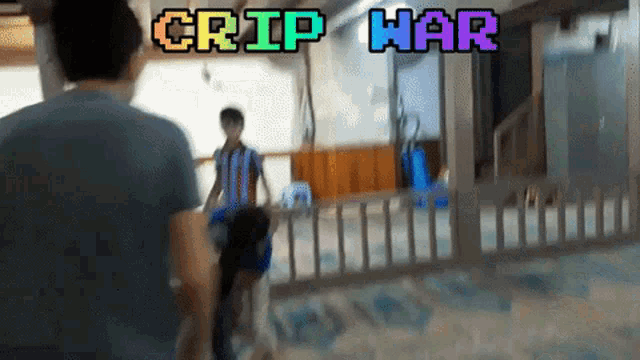 a group of people standing in a room with the words crip war written above them