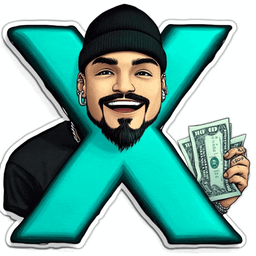 a man with a beard is holding a dollar bill in front of a large x