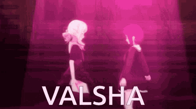 two anime girls are standing next to each other in front of a pink background with the word valsha written on it .