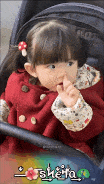 a little girl is sitting in a stroller with the name sheita on the bottom