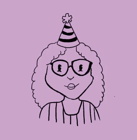 a black and white drawing of a woman wearing a party hat and glasses